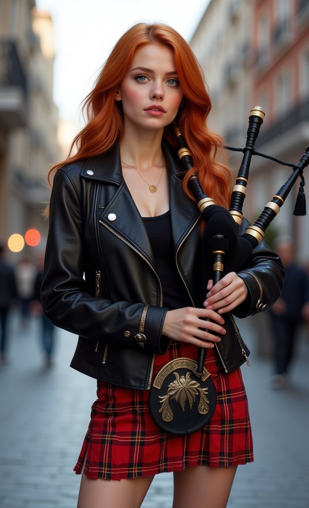 A girl, young, beautiful, ((photorealistic)), long red hair, slim body, skinny waist, blue eyes, black leather jacket, red plaid miniskirt, playing a Scottish bagpipe, on a city street, masterpiece, high quality 8k, sharp focus