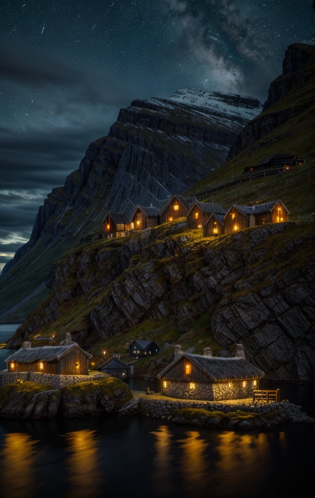 at night, viking coastal village, ancient, fantasy Norwegian fjord, torchlit houses, moonlit scene, good lighting, photorealistic image, masterpiece, high quality, 8K, sharp focus