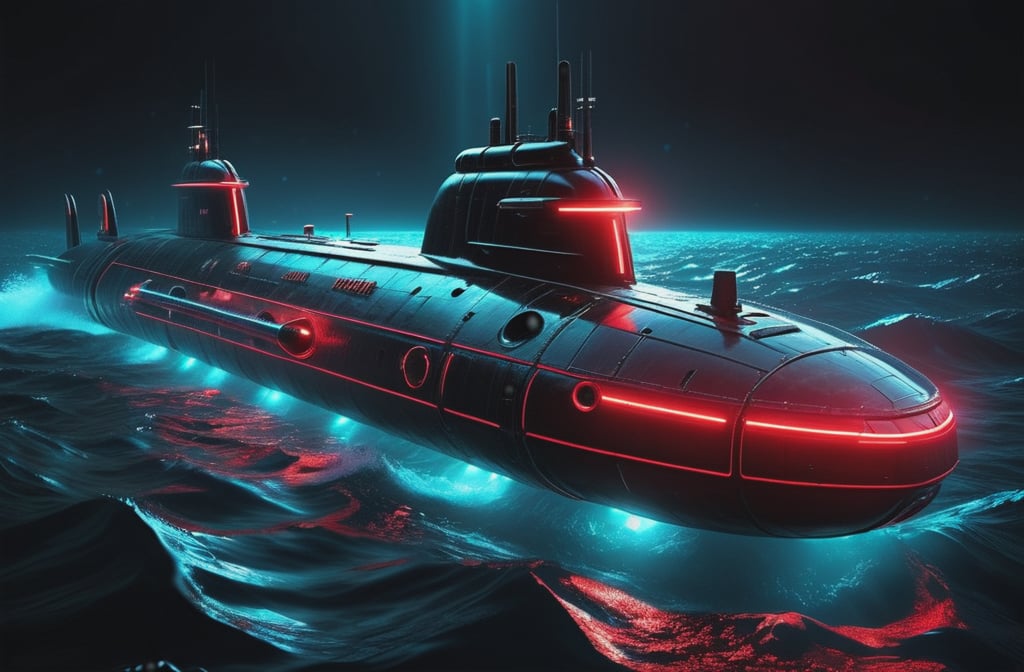 photorealistic image, masterpiece, high quality 8K, of a futuristic ((sci-fi large super submarine, underwater)), (((sailing under the sea))), Tron legacy, in space, black and red neon lights, good lighting, at night, sharp focus