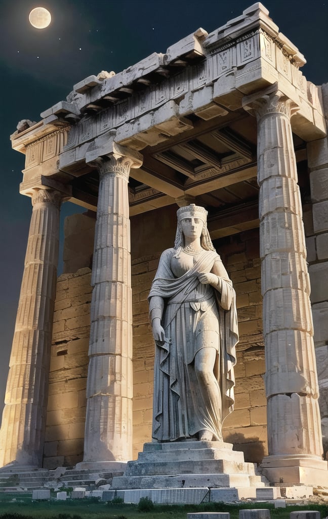 at night, ancient acropolis, monuments, statues of abandoned advanced civilization, moonlit, good lighting, photorealistic image, masterpiece, high quality 8K, sharp focus