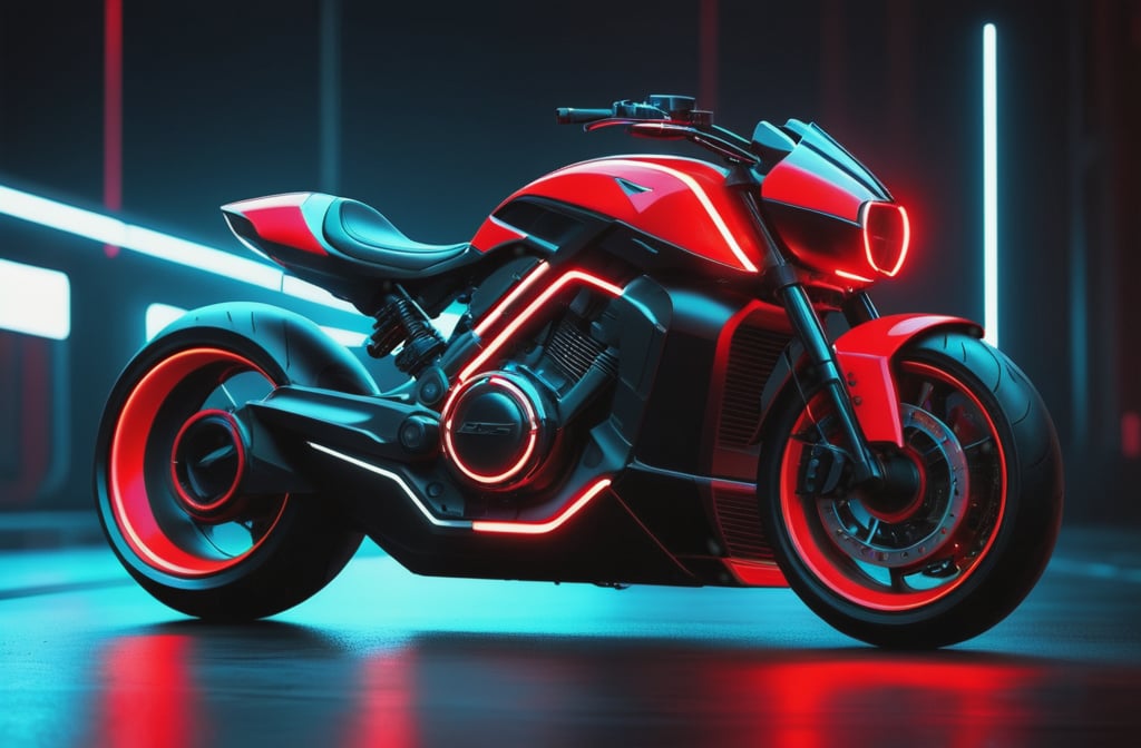 photorealistic image, masterpiece, high quality 8K, of a futuristic motorcycle, Tron legacy, black and red neon lights, good lighting, at night, sharp focus