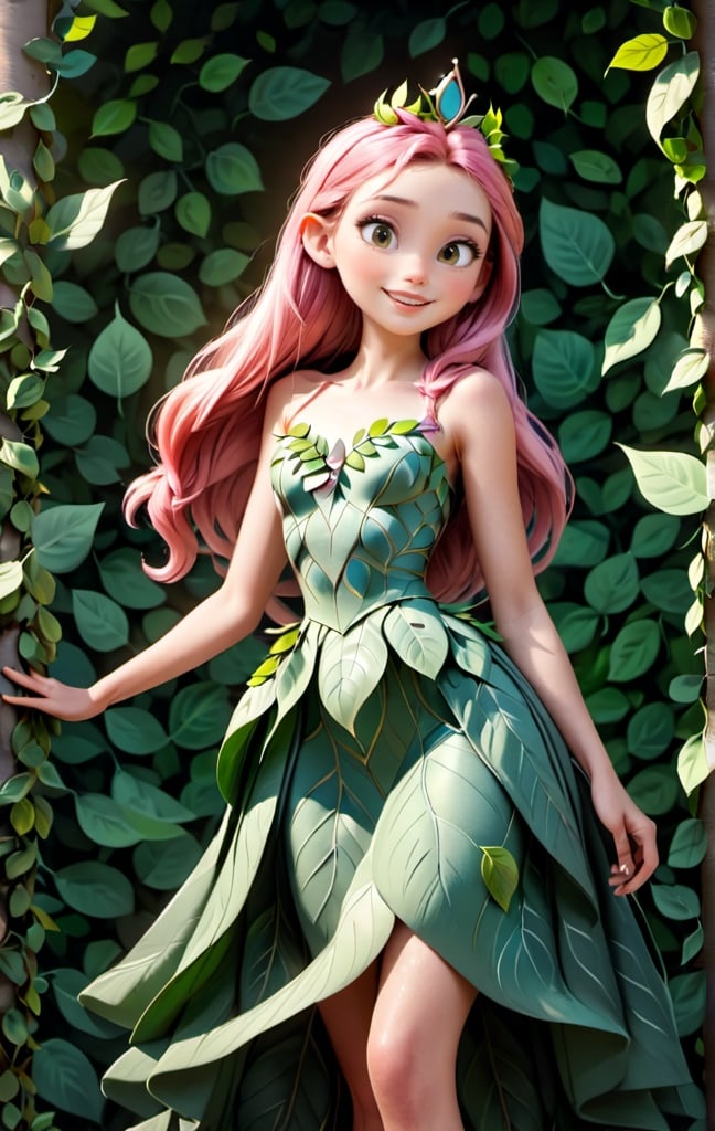 super realistic image, high quality uhd 8K, of (1 girl, hada del bosque), smiling face, happy, pointy ears, detailed realistic ((slim body, high detailed)), (skinny waist), (tall model), long pink hair, high detailed realistic skin, ((dress made with leaves, intrincate details)), real vivid colors, standing,1girl,disney pixar style