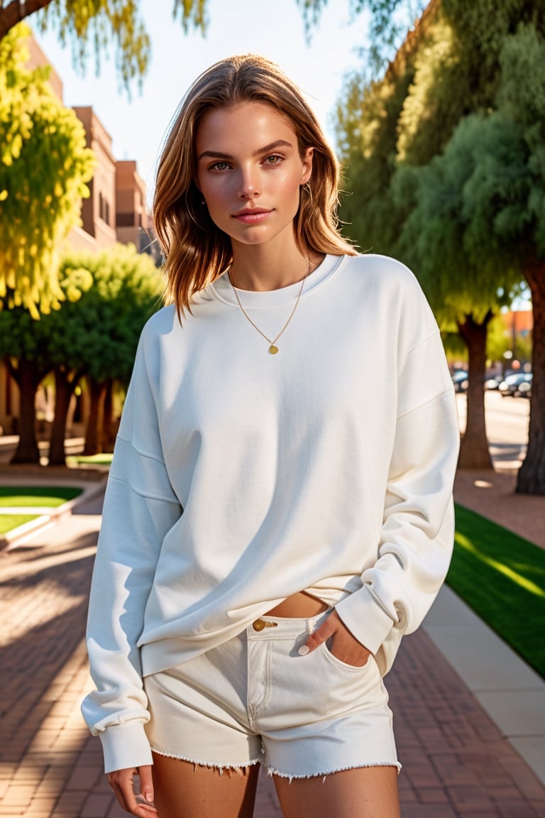 shirt model, full body, cinematic woman, walking down sidewalk in arizona, wearing a ((white oversized crewneck sweartshirt)), ((best best quality)), ((masterpiece)), ((realistic)), (detailed), blush, (masterpiece), absurdres, HDR , . 35mm photograph, film, bokeh, professional, 4k, highly detailed, (goosebumps:0.5), subsurface scattering, pure skin, skin pores, (beautiful_detailed_light), RAW, (intricate details:1.3), (best quality:1.3), (masterpiece:1.3), (hyper realistic:1.3), (( textured skin)), realistic dull (skin noise), visible skin detail, skin fuzz, dry skin, hyperdetailed face, sharp picture, Rembrandt lighting, 8k resolution, summer, in park, sunshine, closed lips, cute smile, photograph, Lush Girlfriend, summer, tilt shift,  specular lighting, film grain, Samsung Galaxy, F/5