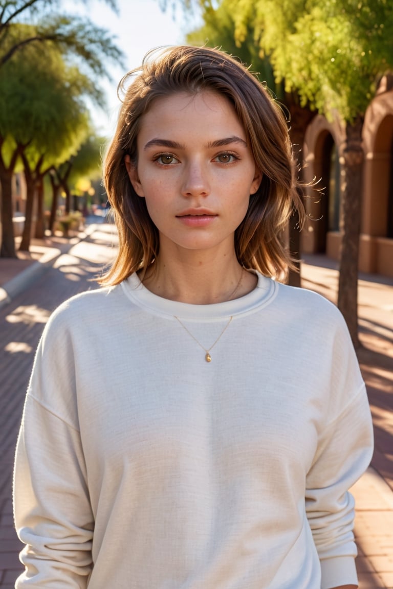 full body, cinematic woman walking down sidewalk in arizona, wearing a baggy, white, plain crewneck sweartshirt, ((best best quality)), ((masterpiece)), ((realistic)), (detailed), blush, (masterpiece), absurdres, HDR , . 35mm photograph, film, bokeh, professional, 4k, highly detailed, (goosebumps:0.5), subsurface scattering, pure skin, skin pores, a masterpiece, photo real, uhd, 1 girl, detailed face, (beautiful_detailed_light), RAW, (intricate details:1.3), (best quality:1.3), (masterpiece:1.3), (hyper realistic:1.3), (( textured skin)), realistic dull (skin noise), visible skin detail, skin fuzz, dry skin, hyperdetailed face, sharp picture, Rembrandt lighting, 8k resolution, summer, in park, sunshine, Extremely Realistic,Extremely Realistic