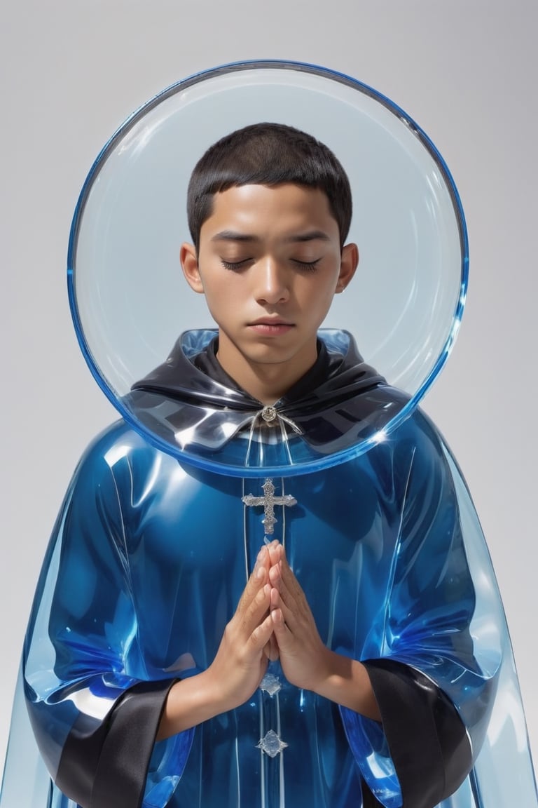 A latino teeanger men wearing a blue transparent jelly cloak is depicted with his eyes closed, short straight hair, latino mix Japanese, brown palid color skin tone, as if she's praying or sleeping. The men has a black transparent jelly headscarf wrapped around her head and neck, which appears to be made of plastic. The teenager man is standing in front of a white background, creating a simple yet striking image.,3d style,Glass Elements,make_3d,xray,(Transperent Parts),transparent, silver rings, bold eyebrows, big lips 