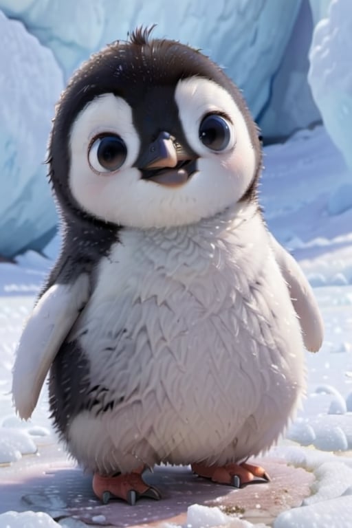 penguin, cute, adorable, fluffy fur, dance, eating, cave, ice and snow. realistic, ultra detail, natural, detailed face, real light and shadow, 3D cartoon, Disney Pixar style. 