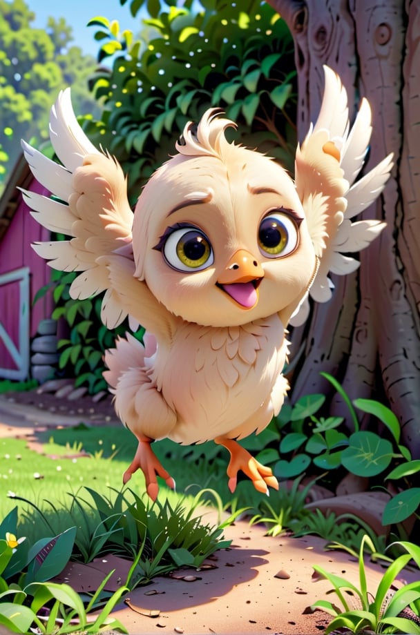 little chick, cute, adorable, fluffy fur, (jumping), jumping down from a tree, wings, (detailed wings), farm. big head and eyes, small body, smile, realistic, ultra detail, natural, detailed face, real light and shadow, 3D cartoon, Disney Pixar style. 