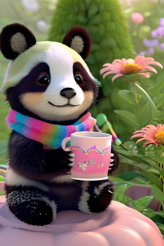 panda with a cup, wearing a knitted hat and scarf, hyper realistic soft toy on a colorful flower garden, rainbow background, very cute, happy and beautiful, cute detailed illustration expressing joy, fully dressed, tiny, cute scene, stunning, tiny detail, fluffy, beautiful art, 3d render, cinematic