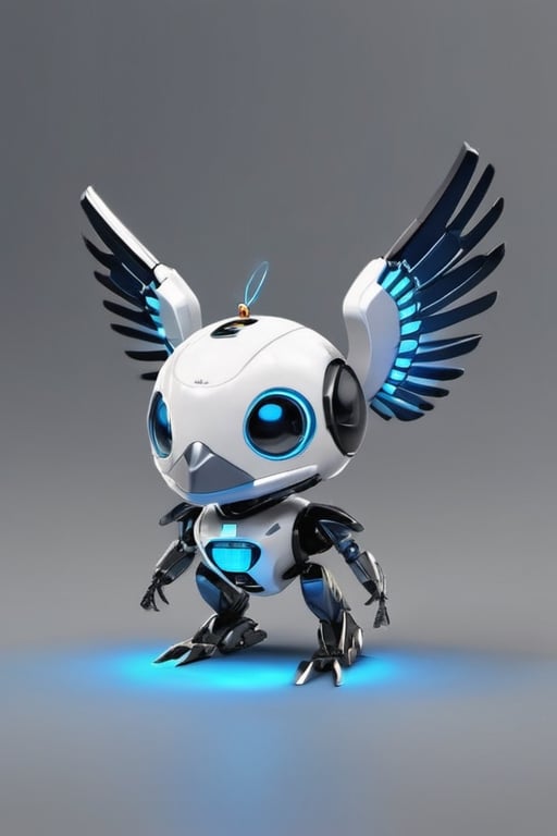 centered, ((solo)), digital art, full body, | cute robot made from aircraft, wings become flap aircraft, takes the form of a chick, little chick shape, have jets machine and turbo, science fiction, grey background, vehicle focus , chibi, black and blue sky futuristic, neon lights, | white background, simple background, | (symetrical), glowing eyes, zj