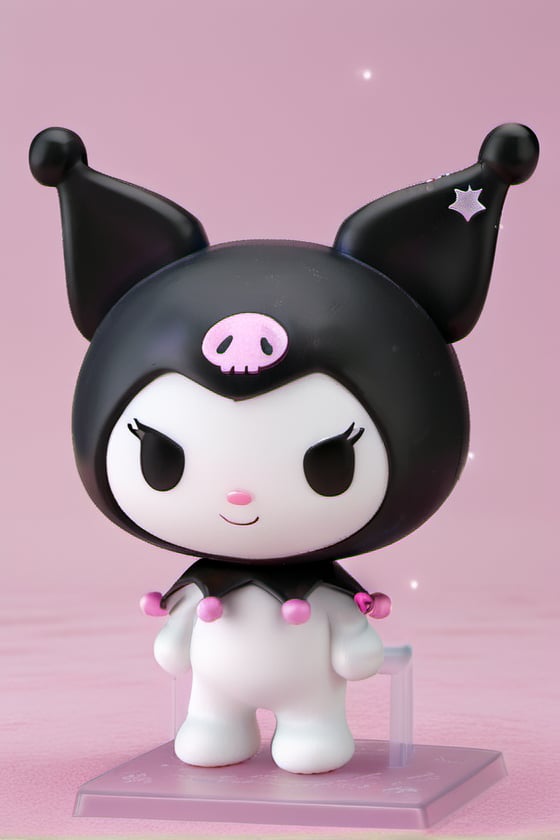 kuromi, solo, (solo), creature, super small size, no humans, ((no_human)), 3D animation, 3D figure, cute and adorable, chibi, (chibi), ((Kuromi)), big head, small body, short hands, short legs, ((small body)), ((very short hands)), ((very short legs)), dynamic pose, (masterpiece, ultra-detailed, 16K, best quality: 1.1), high resolution, (ultra detailed), photorealistic, ultra-detailed, finely detailed, high resolution, items in background everything is big size, winter, snow, at outdoor, shining star in dark background. 
((white body)), ((kuromi costume)), ((long ears)), female creature. ((black head)), ((black ears)), ((rabbid creature)), pink skeleton icon on head.