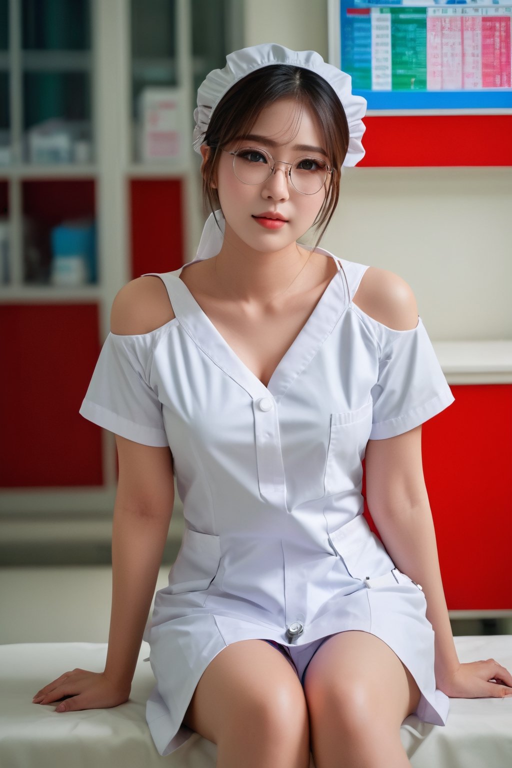 1girl, solo, Thailand model, shy, charming, glasses, white nurse uniform, deep-v, off the shoulder, M-shaped sitting, clinic, realistic, detailed face, full body view. 