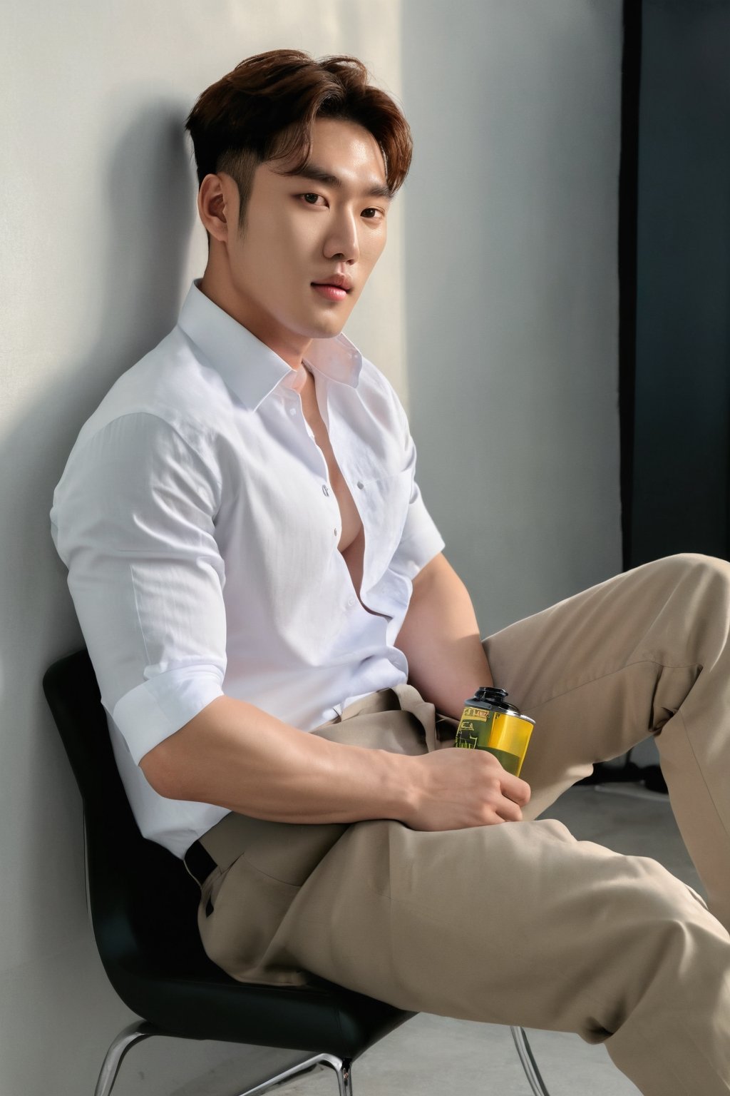 solo, korea model, oppa, realistic, reveals six-pack in a white shirt, sitting, indoor. full body view. 