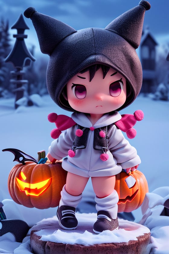 kuromi, solo, (solo), creature, super small size, no humans, ((no_human)), 3D animation, 3D figure, cute and adorable, chibi, (chibi), Halloween costume, ((Kuromi)), big head, small body, short hands, short legs, ((small body)), ((very short hands)), ((very short legs)), dynamic pose, (masterpiece, ultra-detailed, 16K, best quality: 1.1), high resolution, (ultra detailed), photorealistic, ultra-detailed, finely detailed, high resolution, dynamic emotion, items in background everything is big size, winter, snow, joy and fun at outdoor. 
((white body)), ((Halloween costume)), ((2 long ears)), female creature.