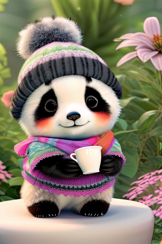 panda with a cup, wearing a knitted hat and scarf, hyper realistic soft toy on a colorful flower garden background, very cute, happy and beautiful, cute detailed illustration expressing joy, fully dressed, tiny, cute scene, stunning, tiny detail, fluffy, beautiful art, 3d render, cinematic