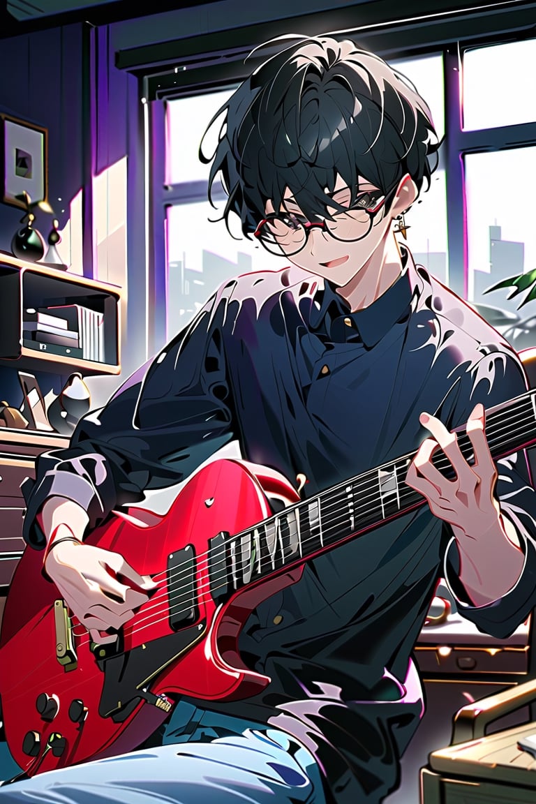 highly detailed, high quality, masterpiece, beautiful (medium long shot) a boy, black hair, transparent glasses, young man, black eyes, background in his room, earring in the right ear, of a standard complexion, rock guitar in the hands, gesture of emotion