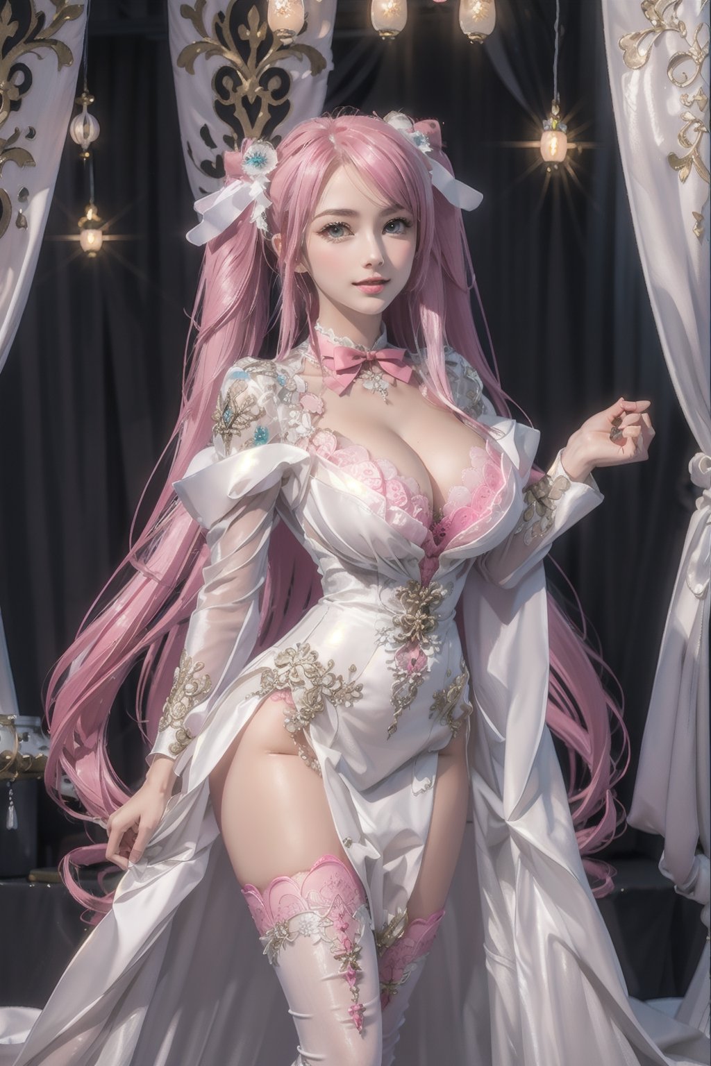 Playful pose, (Masterpiece), full body shot, best quality, high resolution, highly detailed, detailed background, movie lighting, 1girl, ((She has pink long hair, twintails, large breasts, cleavage 2.0)), green eyes, idol, ((revealing evening gown 2.0)), underbust, stage, microphone , stage lights, music, blush, sweet smile, sweat, concert, ruffles, confetti, hearts, hair accessories, hair bows, gems, jewelry, neon lights , bow tie , pointing, spotlight, sparkles, light particles, frame breasts, cross lace, white stockings,ryuubi,ruanyi0263,ruanyi0254