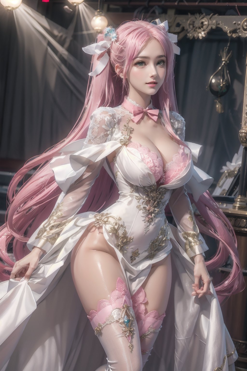 Playful pose, (Masterpiece), full body shot, best quality, high resolution, highly detailed, detailed background, movie lighting, 1girl, ((She has pink long hair, twintails, large breasts, cleavage 2.0)), green eyes, idol, ((revealing evening gown 2.0)), underbust, stage, microphone , stage lights, music, blush, sweet smile, sweat, concert, ruffles, confetti, hearts, hair accessories, hair bows, gems, jewelry, neon lights , bow tie , pointing, spotlight, sparkles, light particles, frame breasts, cross lace, white stockings,ryuubi,ruanyi0263,ruanyi0254