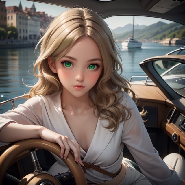 1girl, blonde, styled, slim built, small bust, long legs, bewitching  dark green eyes, wing eyeliner, long eyelashes, blue eye shadow, realistic skin, easy to smile, perfect hands, perfect fingers, photorealistic, cinematic and dramatic lighting.  @gamma,  Leonardo da Vinci style,  Model at the steering wheel, sailboat, open sea