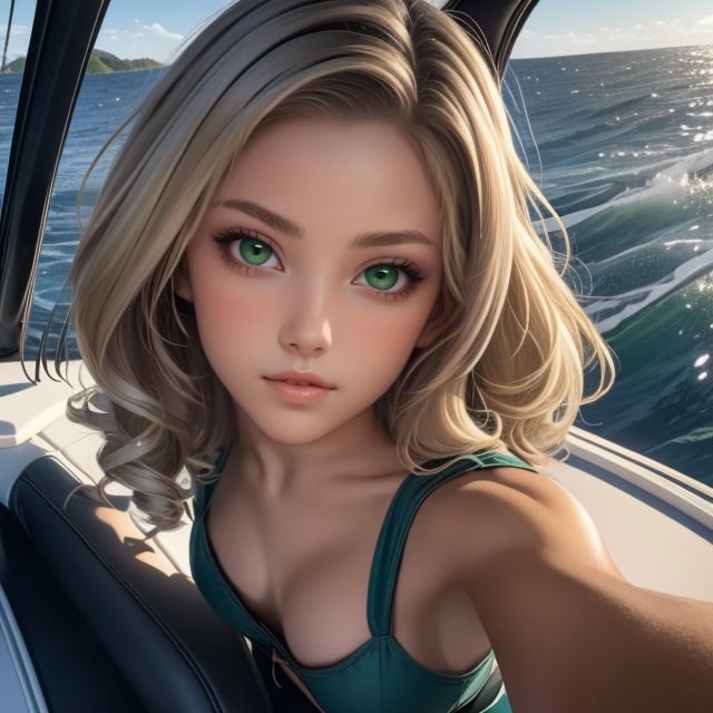 1girl, blonde, styled, slim built, small bust, long legs, bewitching  dark green eyes, wing eyeliner, long eyelashes, blue eye shadow, realistic skin, easy to smile, perfect hands, perfect fingers, photorealistic, cinematic and dramatic lighting.  @gamma,  Leonardo da Vinci style,  Model at the steering wheel, sailboat, open sea