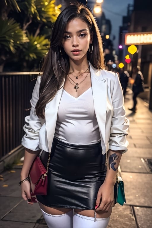 1girl, solo, long hair, looking at viewer, skirt, shirt, black hair, brown eyes, jewelry, jacket, white shirt, pantyhose, outdoors, necklace, bag, lips, tattoo, white skirt, handbag, green jacket, realistic, photo background.,MarikaMamiya