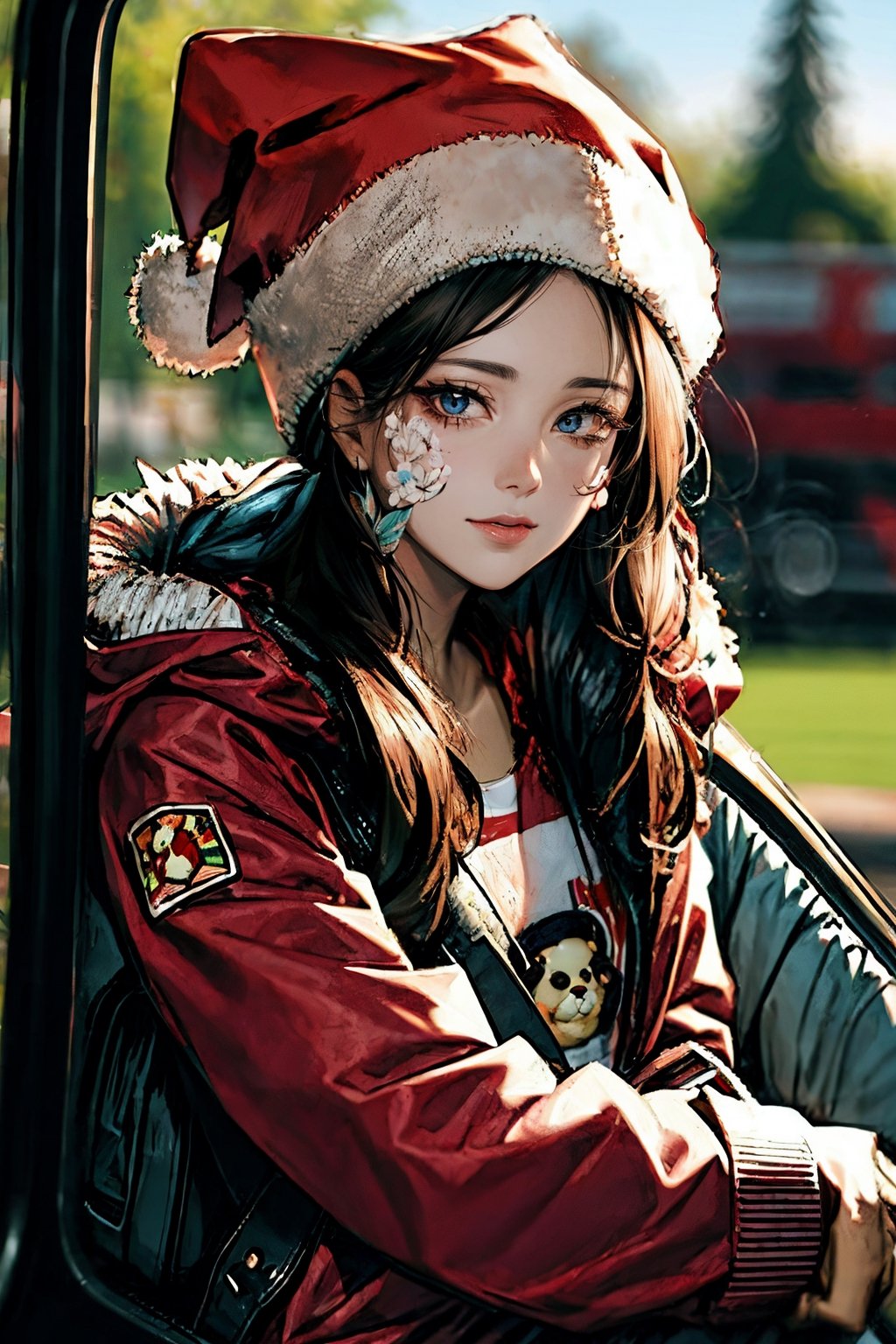 (masterpiece),,(best quality), 
1girl, solo, long hair, looking at viewer, long sleeves, hat, closed mouth, jacket, outdoors, hood, bag, blurry, fur trim, blurry background, stuffed toy, backpack, stuffed animal, hood down, ground vehicle, bandaid, hooded jacket, red headwear, motor vehicle, red jacket, santa hat, teddy bear, bandaid on face,Rosy Zhao