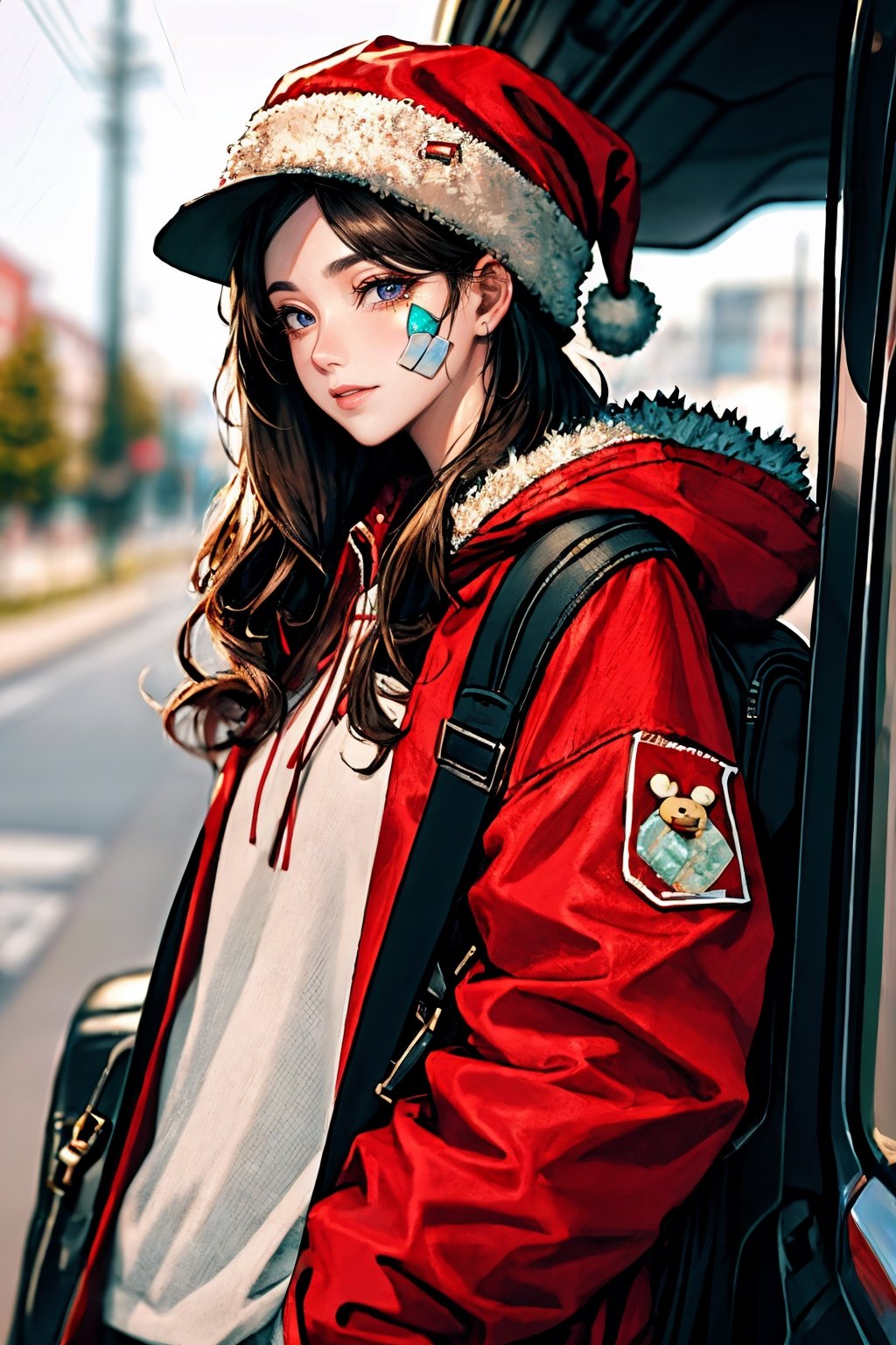 (masterpiece),,(best quality), 
1girl, solo, long hair, looking at viewer, long sleeves, hat, closed mouth, jacket, outdoors, hood, bag, blurry, fur trim, blurry background, stuffed toy, backpack, stuffed animal, hood down, ground vehicle, bandaid, hooded jacket, red headwear, motor vehicle, red jacket, santa hat, teddy bear, bandaid on face,Rosy Zhao