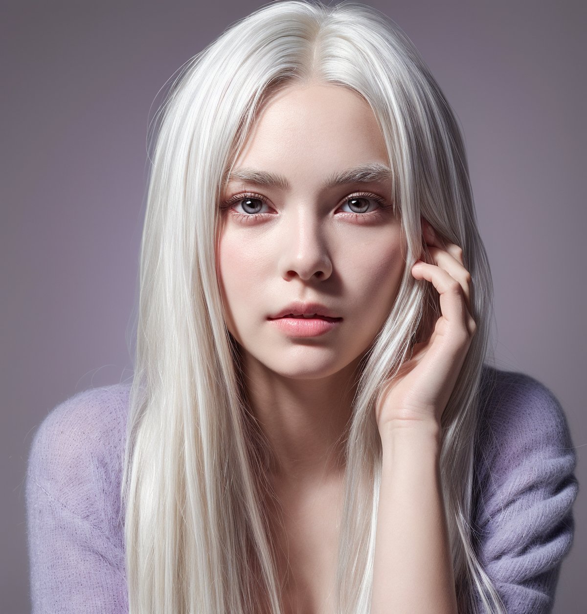 Portrait (a white hair girl with pale skin and purple eyes looking at the viewer)