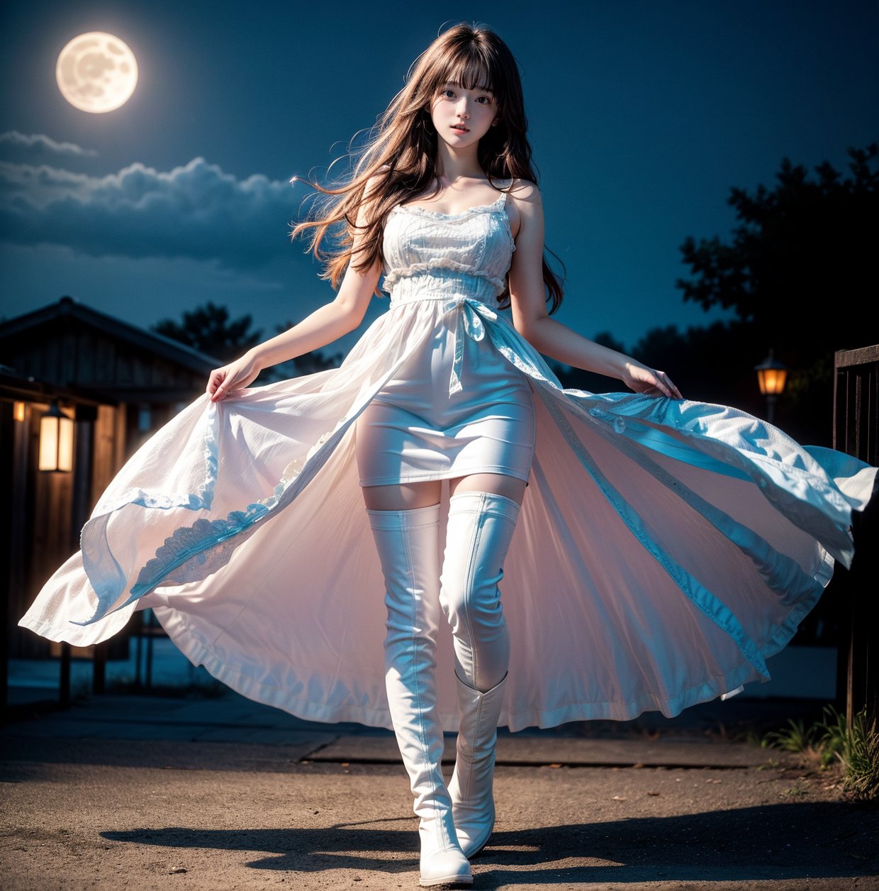 Girl, white dress, white boots, teenage, lovely face, night_sky, pale skin, juicy lip, moonlight on hair,Extremely Realistic,(full body:1.3)