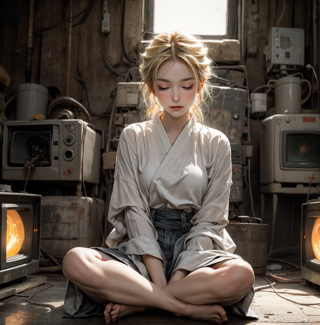 A dimly lit room is filled with rows of flickering televisions, their screens casting a greenish glow. The air is thick with the hum of machinery and tangled cables. Amidst this chaotic backdrop, a lone blonde-haired girl sits cross-legged on the floor, her eyes closed as she focuses on the ancient art of Naruko Jutsu. Her sensual pose seems almost sacrilegious amidst the industrial decay, yet she remains serene, lost in her own world.