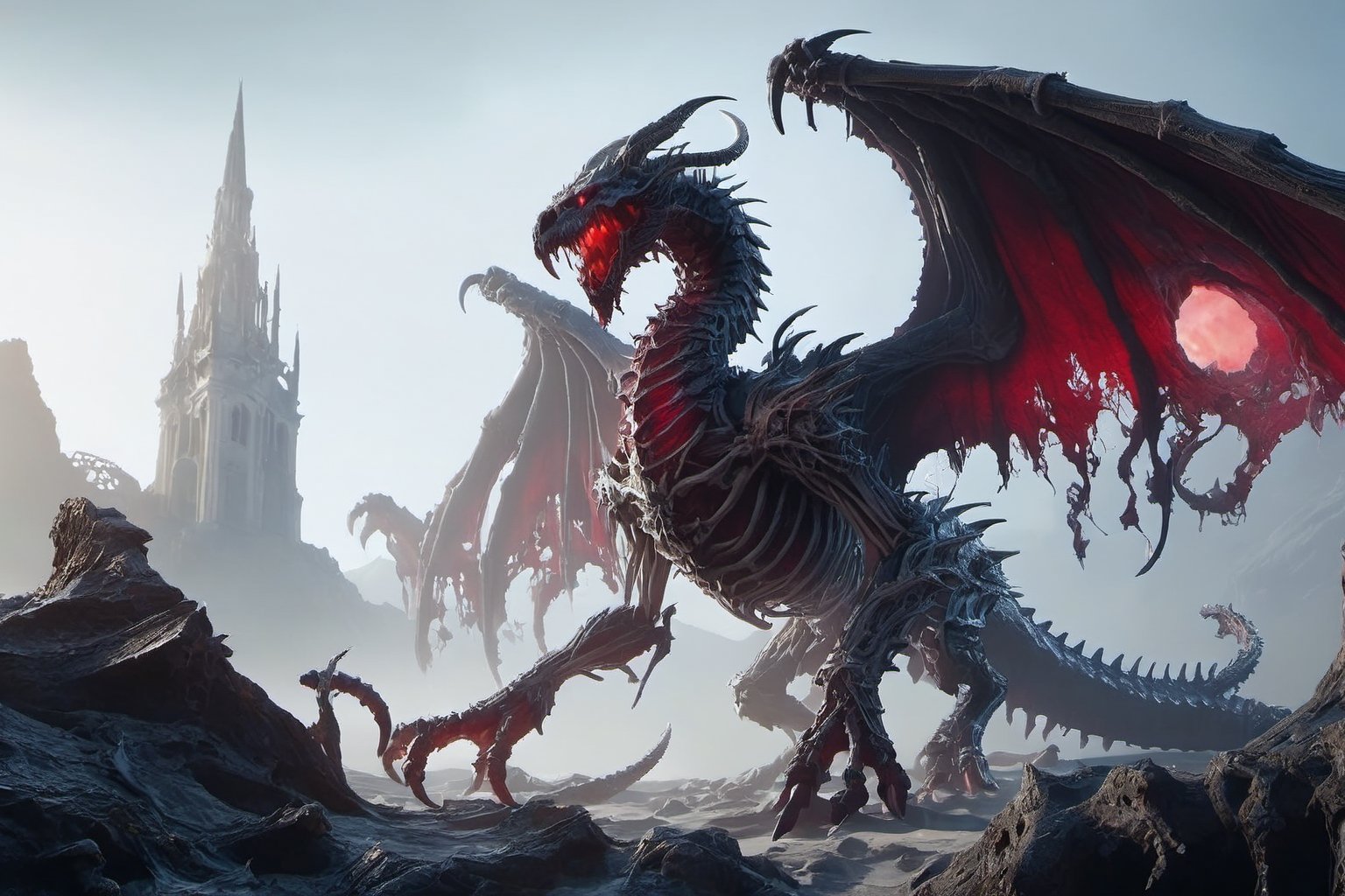 Dark fantasy horror game scene, a huge mighty undead dragon,  an undead dragon dracolich with curved horns and glowing red eyes is perched standing on the ruins of once mighty cathedral, the undead dragon dracolich has two arms and two legs, the dracolich has necrotic breath emanating from its mouth, it awaits 3 approaching heroes, hinting at an epic battle to come, concept art,  mysterious nighttime,  stars,  fantasy ruins,  cgsociety,  32k,  ((masterpiece)),  ((best quality)),  stunning,  absurdres,  DracolichXL24,,DracolichXL24