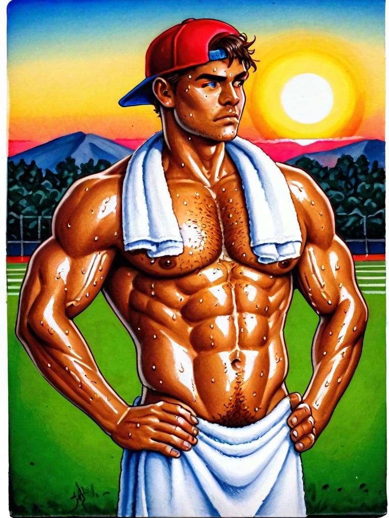 cowboy shot, 

well-built dark-skinned male, shirtless, backwards baseball cap, stubbles, chest hair, very sweaty, glistening muscles, sweat-slick face, hands on hip, looking to the distance, squinting, casual manly pose, gym towel, 

hot summer afternoon, sunset, sports field, 

traditional media, realistic, intricately detailed, 