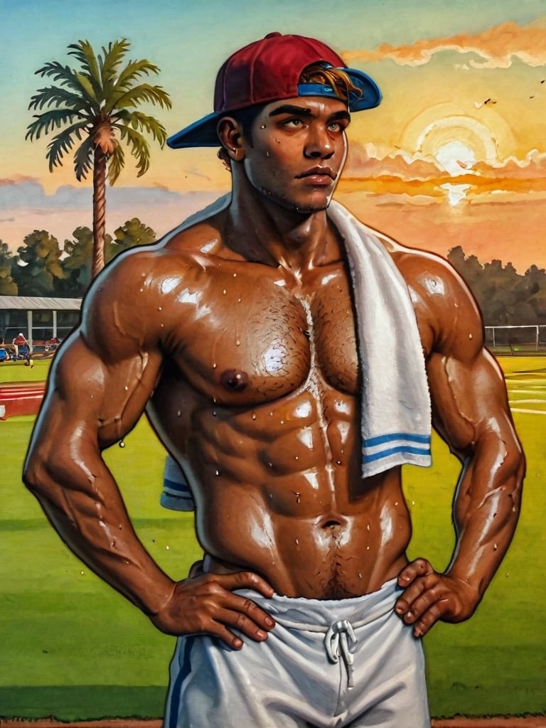 cowboy shot, 

well-built dark-skinned male, shirtless, backwards baseball cap, stubbles, chest hair, very sweaty, glistening muscles, sweat-slick face, hands on hip, looking to the distance, squinting, casual manly pose, gym towel, 

hot summer afternoon, sunset, sports field, 

traditional media, realistic, intricately detailed, 