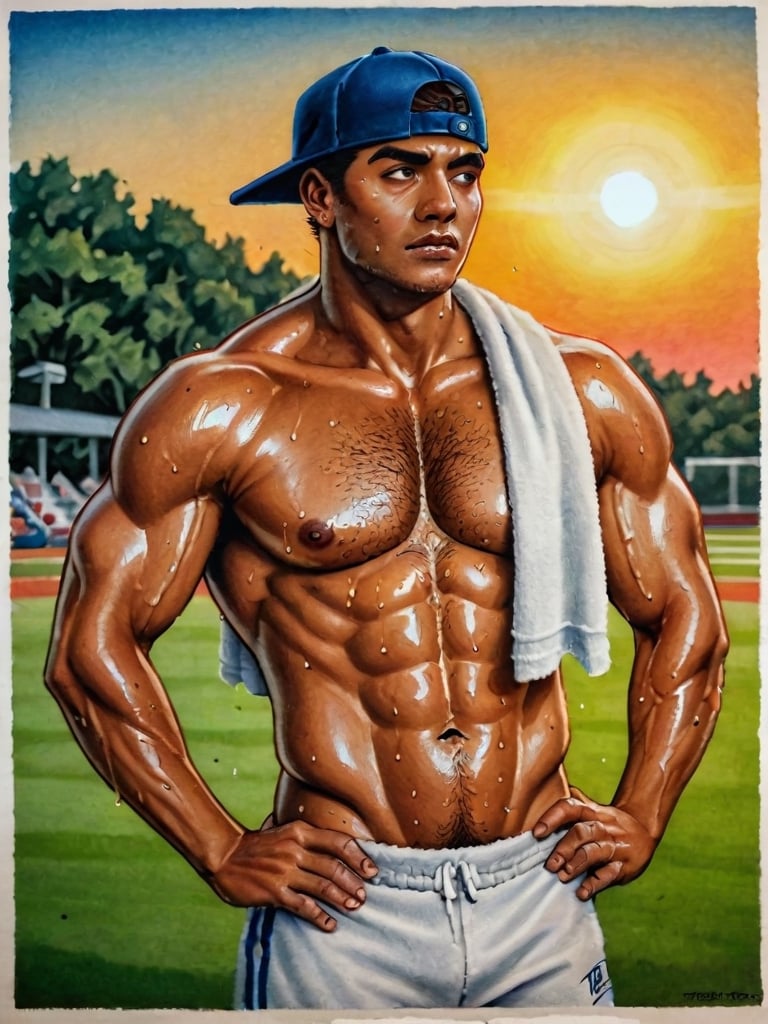 cowboy shot, 

well-built dark-skinned male, shirtless, backwards baseball cap, stubbles, chest hair, very sweaty, glistening muscles, sweat-slick face, hands on hip, looking to the distance, squinting, casual manly pose, gym towel, 

hot summer afternoon, sunset, sports field, 

traditional media, realistic, intricately detailed, 