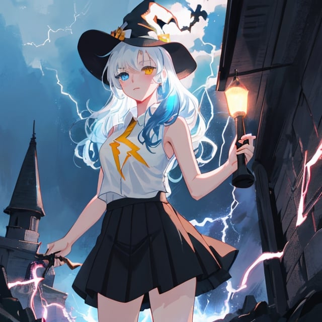 anime, 1girl, light blue hair, long hair, gothic style, black skirt, white sleeveless shirt, heterochromia blue eye and a yellow eye, lightning witch,