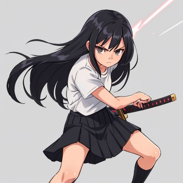 visual novel style, girl, slim body, black long hair, lightning katana, serious face, skirt, white shirt, simple background,battoujutsu