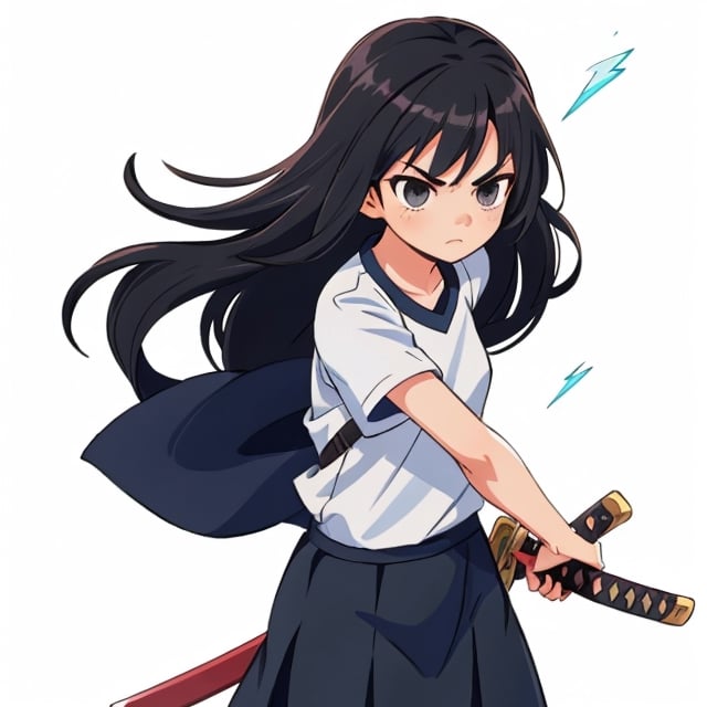 visual novel style, girl, slim body, black long hair, lightning blade, serious face, skirt, white shirt, simple background, battoujutsu, wielding a magic katana