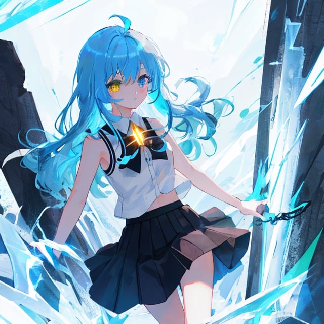 anime, 1girl, light blue hair, long hair, gothic style, black skirt, white sleeveless shirt, heterochromia blue eye and a yellow eye, lightning witch,