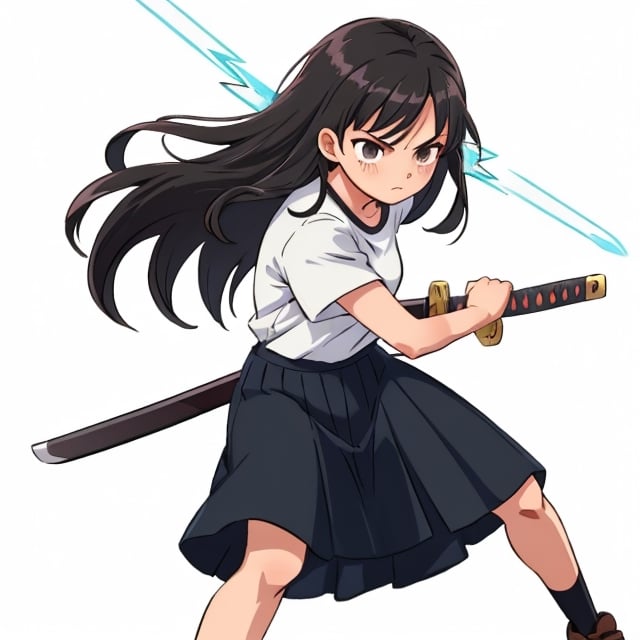 visual novel style, girl, slim body, black long hair, lightning blade, serious face, skirt, white shirt, simple background,battoujutsu