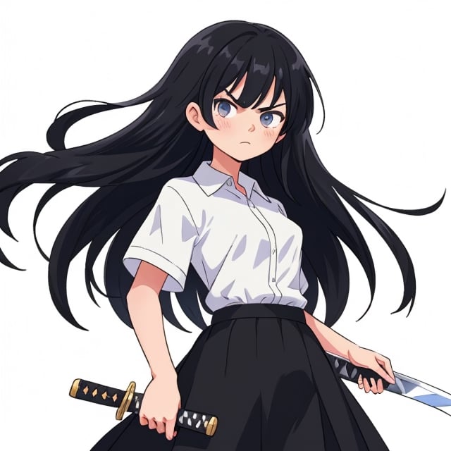 visual novel style, girl, slim body, black long hair, lightniing sword, serious face, skirt, white shirt, simple background