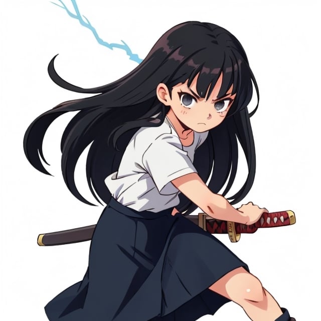 visual novel style, girl, slim body, black long hair, lightning blade, serious face, skirt, white shirt, simple background,battoujutsu