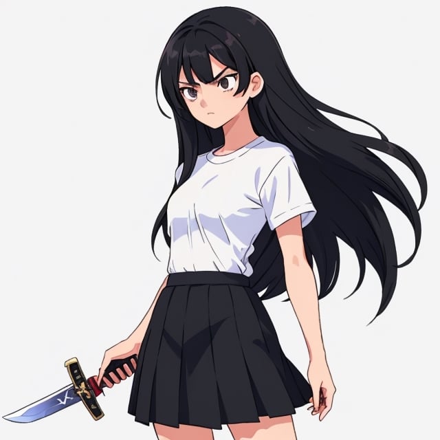 visual novel style, girl, slim body, black long hair, lightniing sword, serious face, skirt, white shirt, simple background