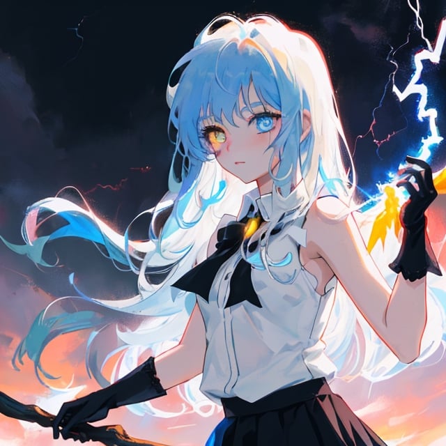 anime, 1girl, light blue hair, long hair, gothic style, black skirt, white sleeveless shirt, heterochromia blue eye and a yellow eye, lightning witch,