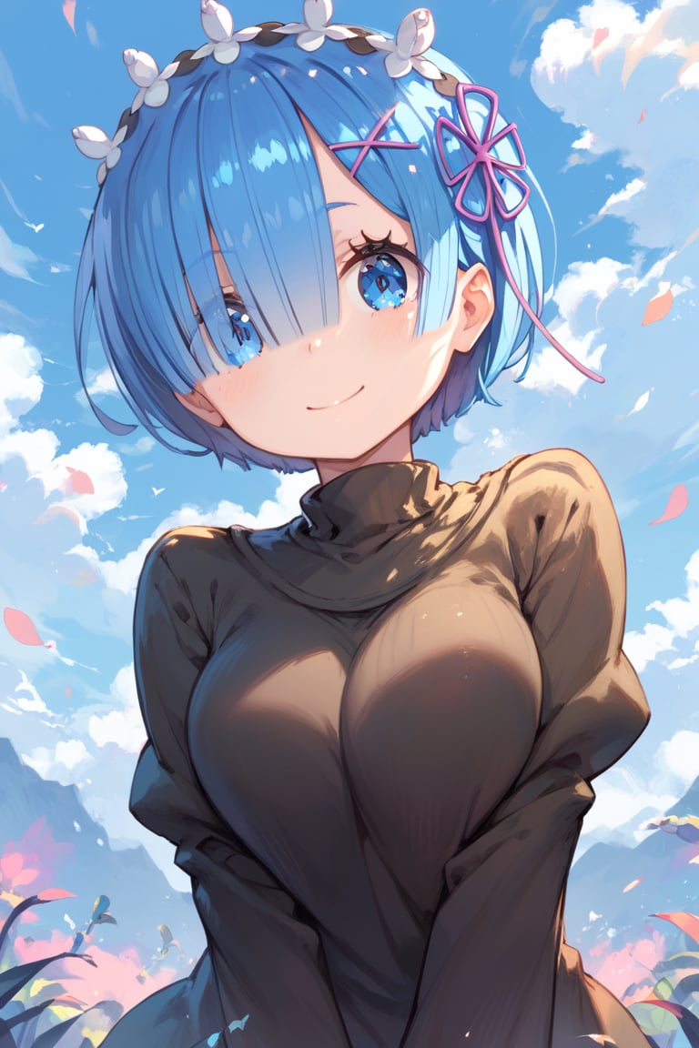 (score_9,score_8_up,score_7_up), blue eyes, bright eyes, short hair, blue hair,  black sweater, smile, looking at viewer, blue sky, Rem_(Re:Zero)