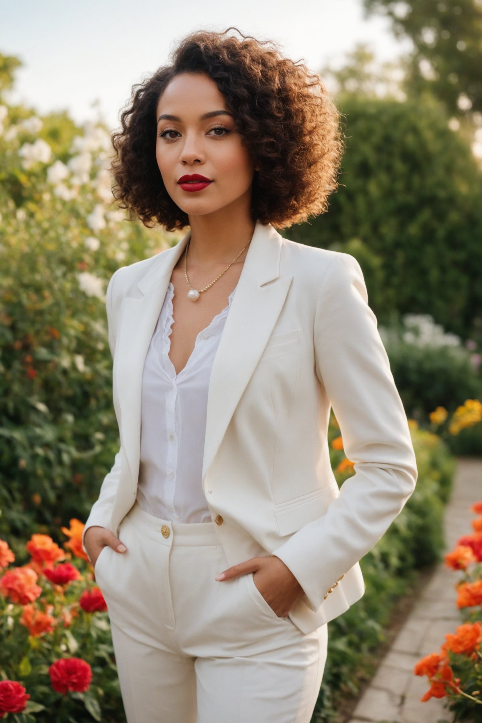 The image features a stunning biracial woman with a radiant and confident demeanor. She has a beautifully curly bob hairstyle, with soft brown curls that frame her face perfectly. Her makeup is impeccably done, highlighting her striking features with bold eyeliner and a rich, matte red lipstick. She is dressed in a sophisticated white blazer, exuding elegance and style. Around her neck, she wears two delicate necklaces: one with a pearl strand and another with a simple gold chain featuring a small pendant.

The woman is standing in a charming, sunlit garden filled with vibrant flowers and lush greenery. The background features a variety of blooming plants, creating a colorful and lively atmosphere. A quaint white fence runs along the edge of the garden, and the sky above is clear and blue, with the warm sunlight casting a soft glow on her face. She is positioned near a stone pathway that winds through the garden, adding a touch of rustic charm to the scene. The overall setting is serene and picturesque, enhancing her natural beauty and sophisticated appearance.