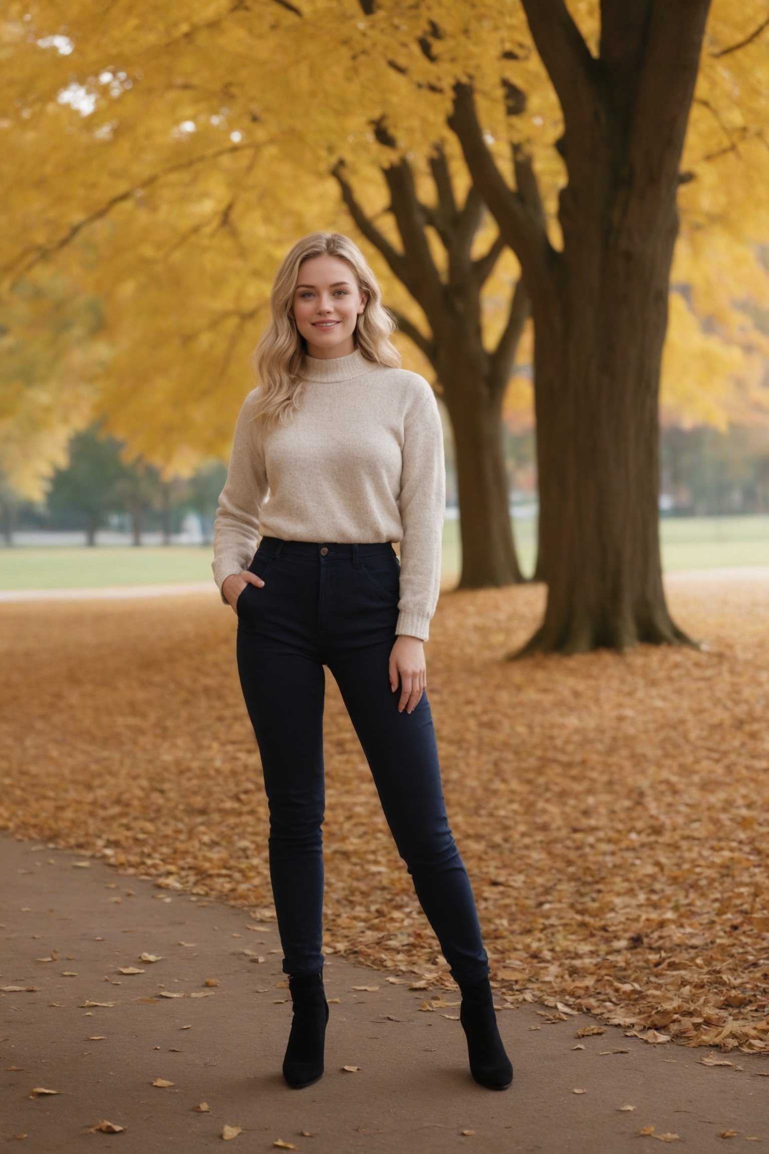 A full-body view of a model showcasing an elegant autumn outfit in a picturesque park with autumn foliage. The model is a Caucasian female, aged 25-30, with blue eyes, wavy blonde hair, and a soft smile. She is 5'8"withaslenderbuild. The image should have 8k resolution, realistic shadows, soft natural lighting, and a Kodak Gold 400 film style quality.