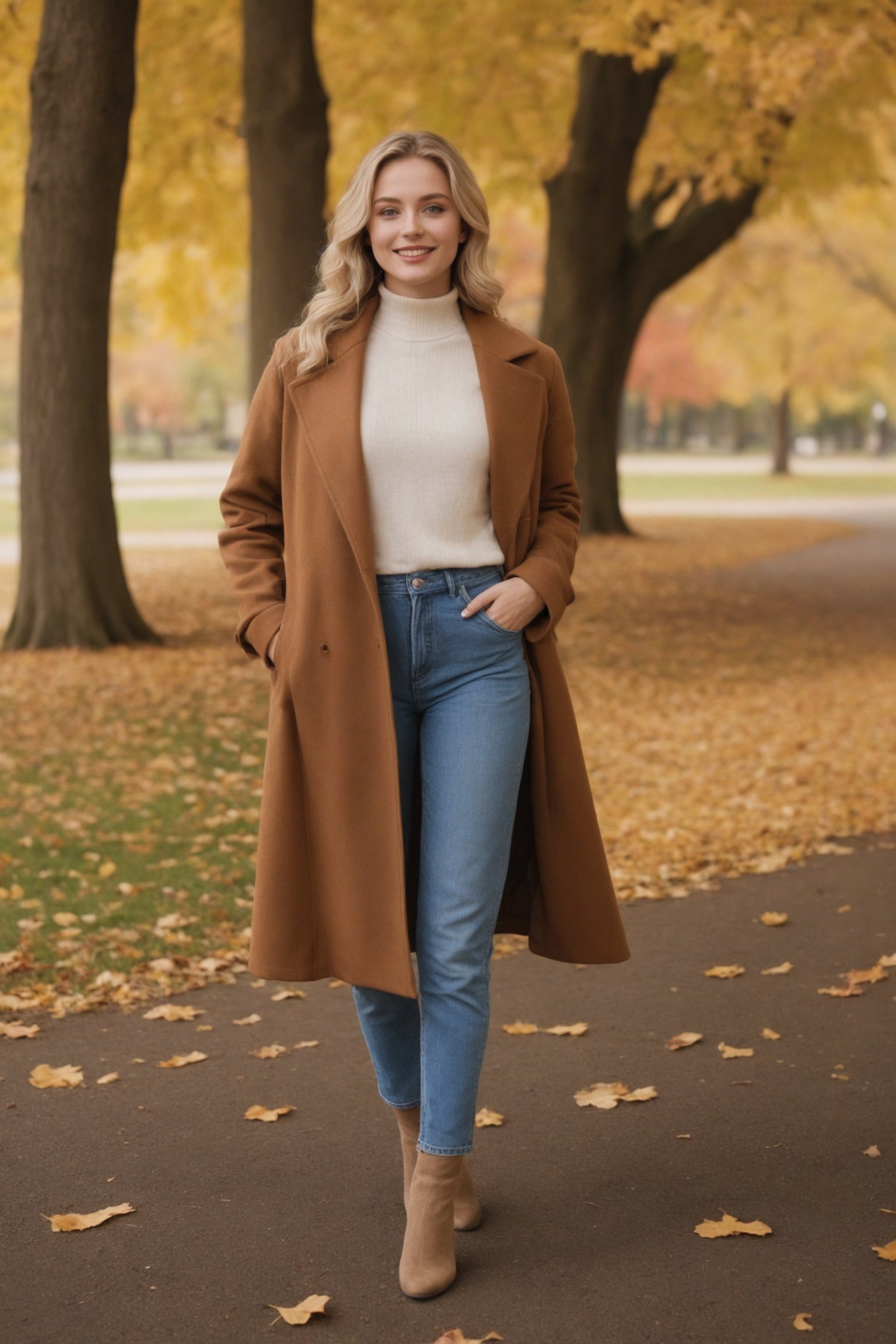 A full-body view of a model showcasing an elegant autumn outfit in a picturesque park with autumn foliage. The model is a Caucasian female, aged 25-30, with blue eyes, wavy blonde hair, and a soft smile. She is 5'8"withaslenderbuild. The image should have 8k resolution, realistic shadows, soft natural lighting, and a Kodak Gold 400 film style quality.