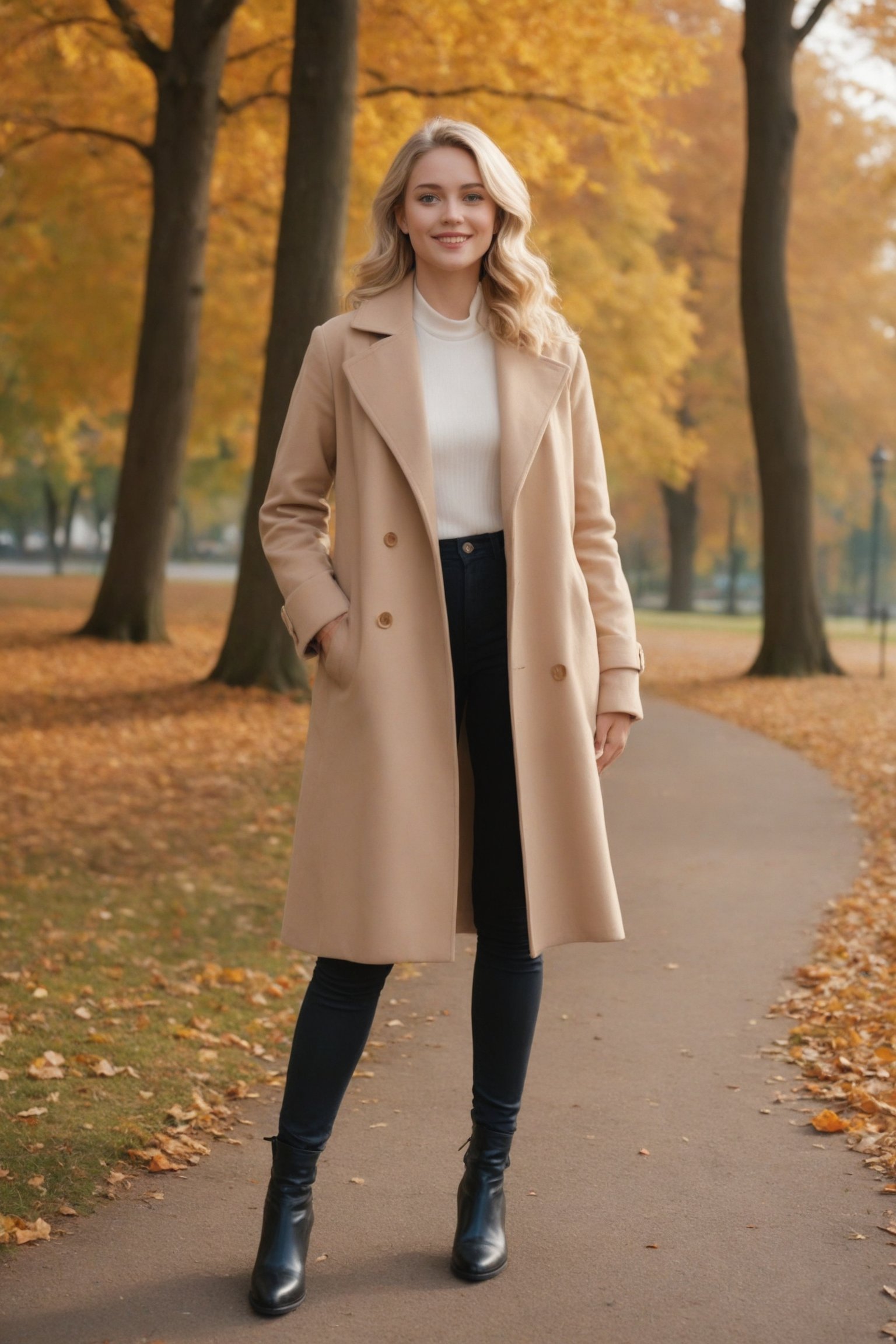 A full-body view of a model showcasing an elegant autumn outfit in a picturesque park with autumn foliage. The model is a Caucasian female, aged 25-30, with blue eyes, wavy blonde hair, and a soft smile. She is 5'8"withaslenderbuild. The image should have 8k resolution, realistic shadows, soft natural lighting, and a Kodak Gold 400 film style quality.