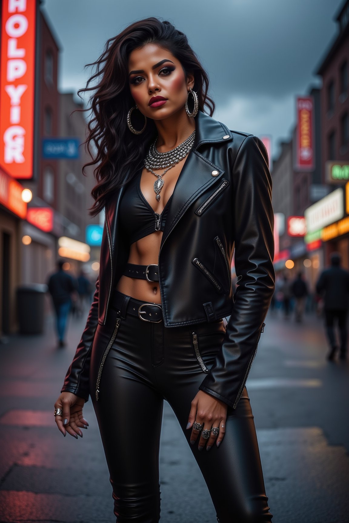 A fierce Latina woman, full-body shot, rocking a black leather jacket, high-waisted leather pants, and ankle boots with metal accents. She stands confidently on a gritty urban street, neon signs glowing in the background. She accessorizes with silver hoop earrings, a spiked choker, and multiple rings. Her makeup is bold, with dark eyeliner and matte red lips. Captured in 61MP resolution using a Sony a7R V, in the edgy, street-style photography of Terry Richardson, with dramatic lighting and deep shadows