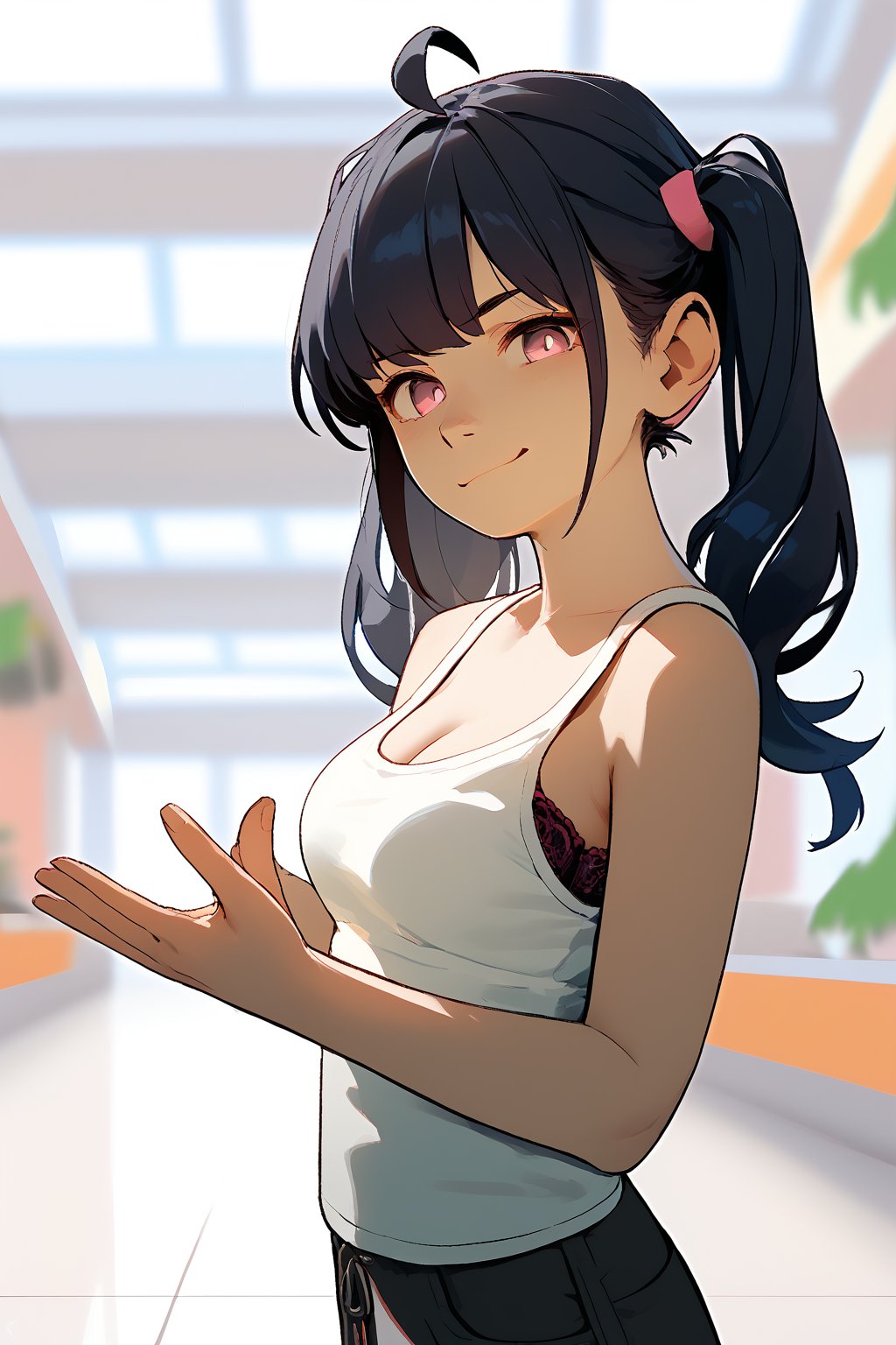 score_9, score_8_up, score_7_up, score_6_up, score_5_up, score_4_up, 
best quality, expressive eyes, perfect face, looking_at_viewer,
(black_hair), 1girl, long_hair, twintails, bra under tank top, bra, tank top, bangs, medium_breasts, cleavage, dark_eyes, haughty, pouting, smirk, taunt, seductive, pink_eyes, ahoge, solo, rating:safe, (face), face portrait view, standing in a modern mall, blurry_background, blurry_foreground.
cel shading art, hand-drawn graphic novel, beautiful color palette, perfect composition, cinematic, Concept art, good_hands,