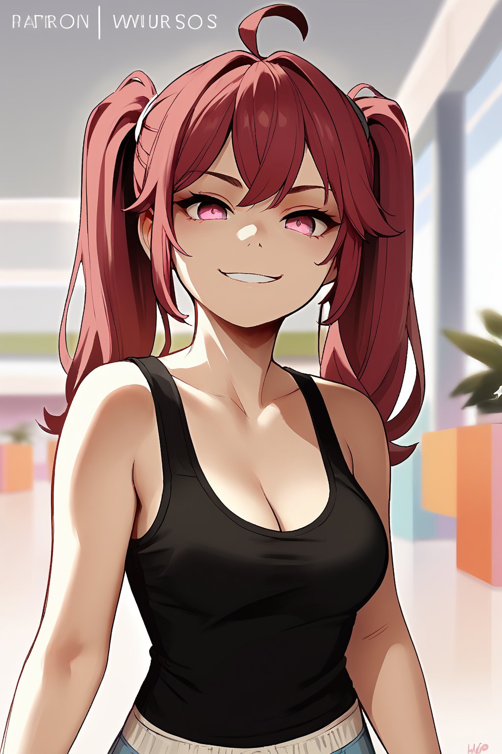 score_9, score_8_up, score_7_up, score_6_up, score_5_up, score_4_up, 
best quality, expressive eyes, perfect face, looking_at_viewer,
(black_hair), 1girl, long_hair, twintails, bra under tank top, bra, tank top, bangs, medium_breasts, cleavage, dark_eyes, haughty, pouting, smirk, taunt, seductive, pink_eyes, ahoge, solo, rating:safe, (face), face portrait view, standing in a modern mall, blurry_background, blurry_foreground.
cel shading art, hand-drawn graphic novel, beautiful color palette, perfect composition, cinematic, Concept art, good_hands,